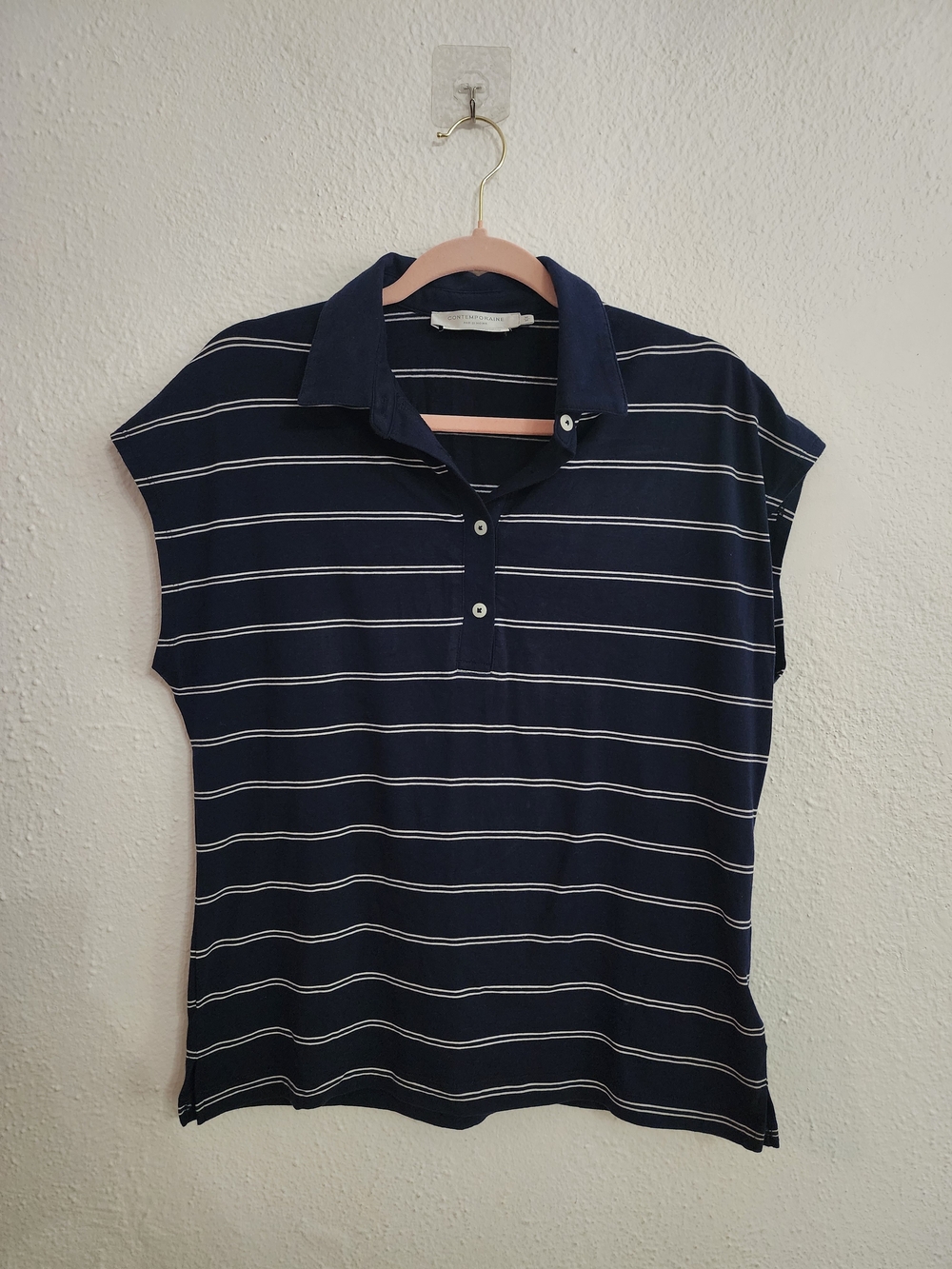 twik Navy and White Striped Polo Button-Down Top In Medium